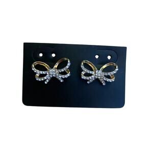 Sparkling Gold Bow Earring Studs Bowknot Ribbon Pave Rhinestones Crystals